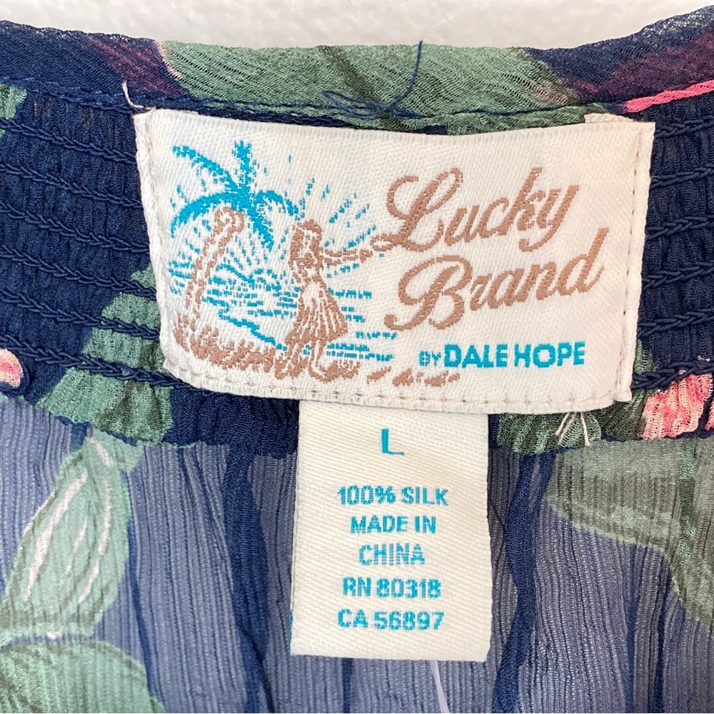 NEW Lucky Brand Silk Blouse Sheer Peasant Poet Top Hawaiian Floral Shirt - Picture 2 of 7